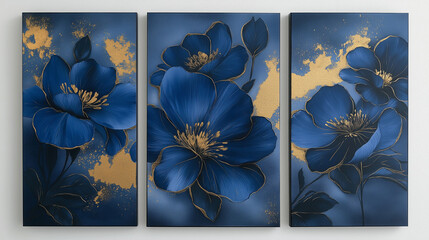 Triptych of large blue flowers with gold leaf accents wall art