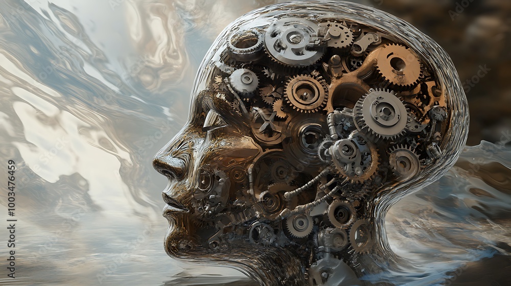 Poster a metallic human head with visible gears and cogs inside, representing the complexity of the human m