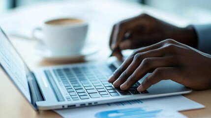 Fototapeta premium Focused Workspace, Close-up of hands engaged in typing on laptop, analyzing financial reports and charts, coffee cup nearby, evokes freelance and remote work themes