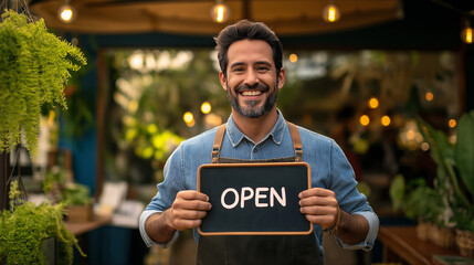 Small business owner smiling and holding open sign at shop entrance