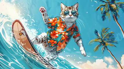 a cat surfing in the sea