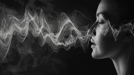 Woman inhaling abstract smoke waves creating digital art