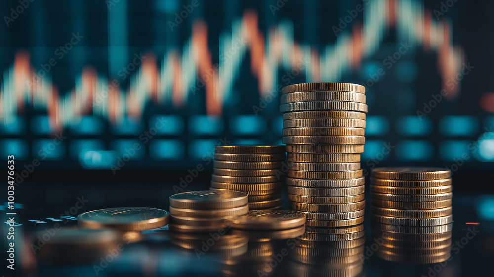 Aufkleber stacks of coins forming an upward trend with stock market charts in the background