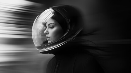 Obraz premium Young woman astronaut wearing space helmet looking away from camera moving fast through space