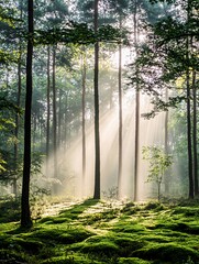 Obraz premium Sunbeams break through the canopy of a dense forest, illuminating a mossy clearing.