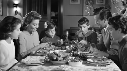 Family having christmas dinner together in 1950s home
