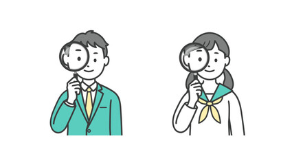 虫眼鏡を持つ男女の学生の上半身イラスト
