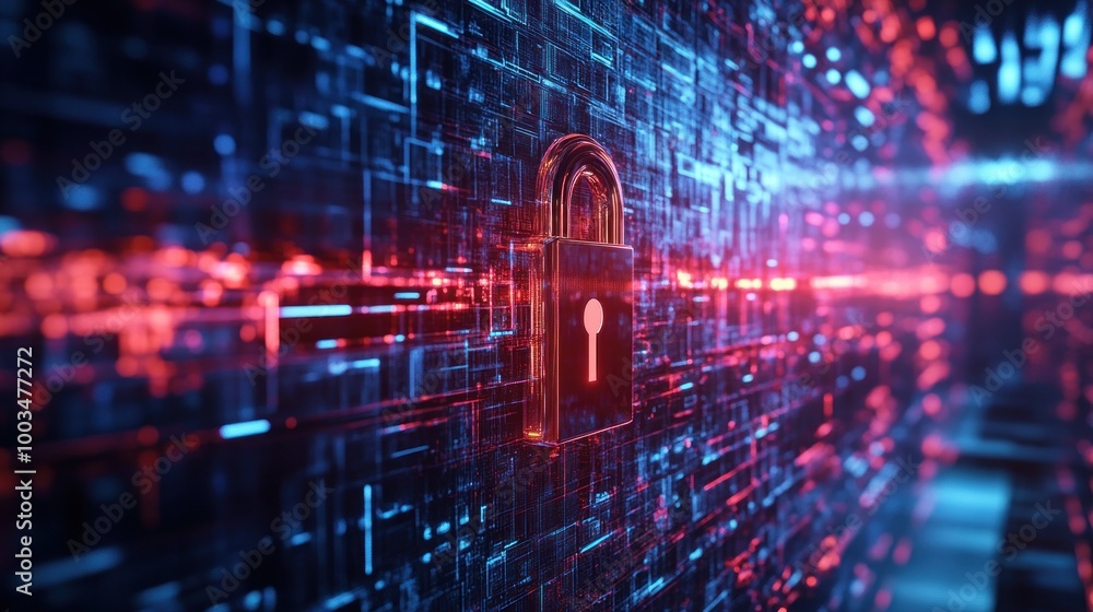 Poster cyber security concept: a digital lock on a futuristic abstract network
