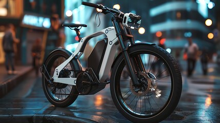 Sleek Electric Bicycle with Digital Display and Sensors Parked on Urban Street