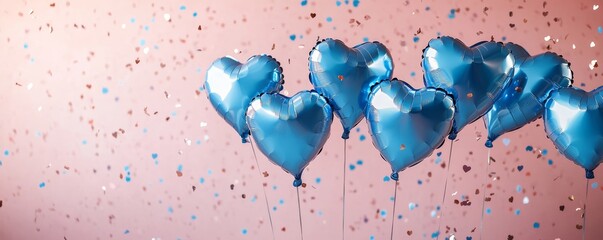 Blue heart-shaped balloons with pink confetti