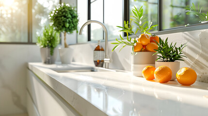 Modern minimalistic kitchen interior details. Stylish white quartz countertop with potted plant and oranges