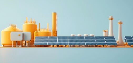 A vibrant industrial scene featuring large yellow tanks, solar panels, and white cooling units. The atmosphere suggests advanced energy production. Solar Cell Energy Concept