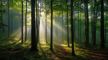 Obraz premium Sunbeams pierce through the dense canopy of a misty forest, illuminating the path ahead.