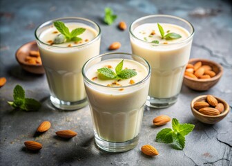 Three glasses of refreshing creamy lassi, topped with crunchy almonds and adorned with fresh green leaves, elegantly