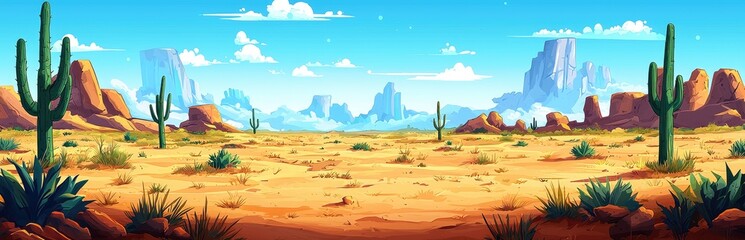 A cartoon desert landscape with towering sandstone formations and cacti