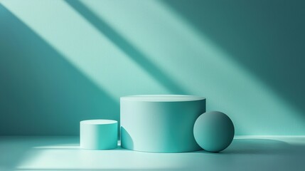 Three blue shapes on blue backdrop