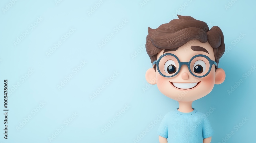 Poster A joyful cartoon character with large glasses and a bright blue shirt, perfect for embodying positivity and fun