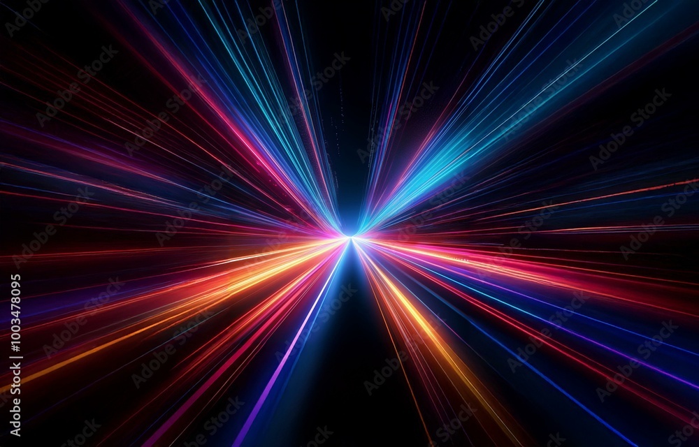 Poster abstract background of colorful light streaks radiating from a central point in a dark background.