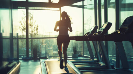 Modern gym with two treadmills and an exercise ball in a bright and airy room with large windows overlooking a lush tropical forest.