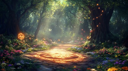 Obraz premium Enchanted Forest of Mythical Beings, a magical realm filled with unicorns, fairies, talking trees, sunlight filtering through leaves, vibrant flowers, glowing runes on the ground