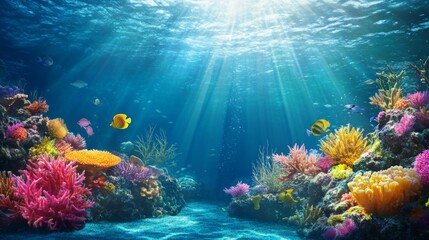 Whimsical Underwater Wonderland, vibrant marine ecosystem teeming with diverse aquatic life, brilliant corals, sunlight shimmering on ocean floor, showcasing beauty and mystery of the sea