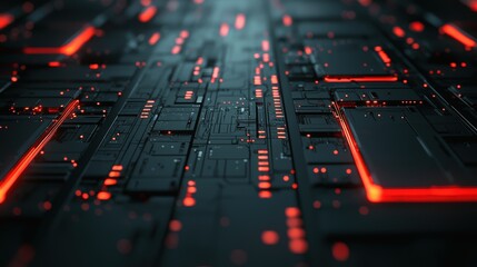 Obraz premium Red glowing lines on a dark circuit board