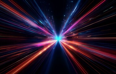 Bright, neon-colored light streaks radiate outwards on a dark background.
