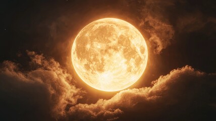 A Bright, Full Moon Shining Through Clouds in a Night Sky