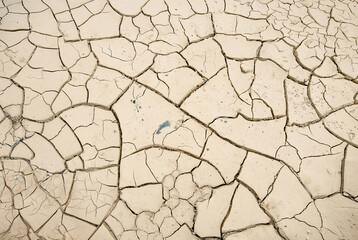Close-up of dry, cracked earth texture in an arid desert climate, showcasing drought and environmental changes.