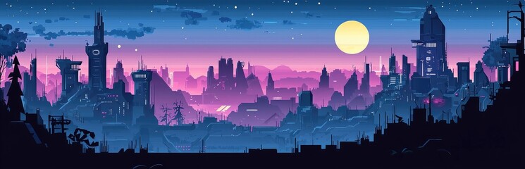 Fototapeta premium Futuristic Cityscape with a Full Moon and Stars at Dusk