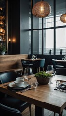 Elegant Restaurant Table Setting with Dark Interior and Natural Light