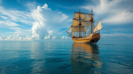 Obraz premium Columbus and the Seas, showcasing a majestic ocean scene with a ship, with copy space, Columbus Day