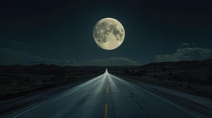 A full moon illuminates a long, empty road through rolling hills at night.
