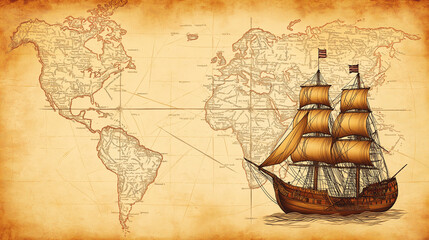 Columbus' Route, a graphic tracing the path Columbus took to the Americas, with copy space, Columbus Day