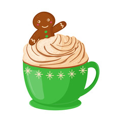 Cocoa with whipped cream, hot chocolate with a gingerbread man in a green cup. Cozy winter drink.
