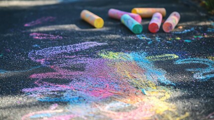 Colorful sidewalk chalk art on asphalt pavement with several pieces of chalk in vibrant hues scattered around.