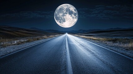 Fototapeta premium A winding road through a desolate landscape illuminated by a full moon at night