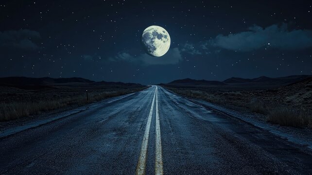A Desolate Road Under a Full Moon and Starry Sky