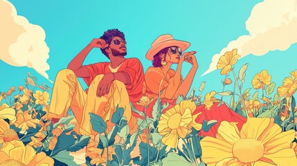 Colorful illustration of two people lounging in a vibrant flower field under a bright sky, embracing the beauty of nature.