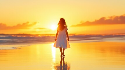Fototapeta premium A girl strolls barefoot on the beach, wearing a simple cotton dress as the sun rises, capturing innocence and peace.
