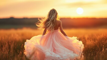 A girl twirls in a soft pink dress, surrounded by a lush meadow, while the warm glow of sunset paints the sky.