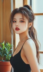 Fototapeta premium Exquisite female model in black tank top, showcasing her youthful energy and elegance with stunning clarity and precision.