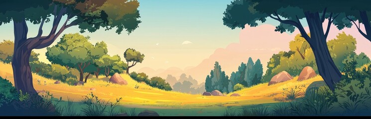 A Sunny Meadow with Lush Greenery and Distant Hills