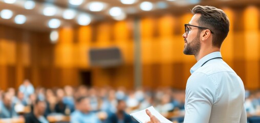 A dynamic business team engages in an inspiring speaker session, enhancing skills in a modern, warmly lit space.