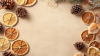 Cozy Evening Gathering with Apple Pie, Dried Oranges, and Pine Cones on Rustic Beige Background | Text Space for Menu or Recipe Writing.