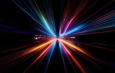 Abstract image of colorful light streaks radiating from a central point on a black background.
