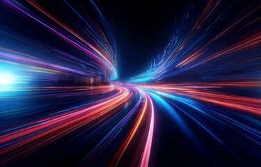 A digital illustration of long, colorful lines of light curving around a dark background.