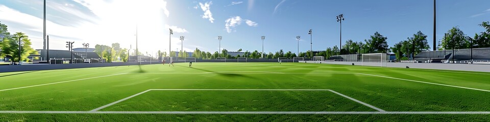 the hockey field with bright green turf and goals at each end