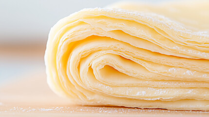 A close-up image of puff pastry dough, showcasing its delicate layers and buttery texture