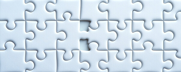 A close-up view of a jigsaw puzzle with a missing piece, showcasing a white isolated background that emphasizes the empty spot.